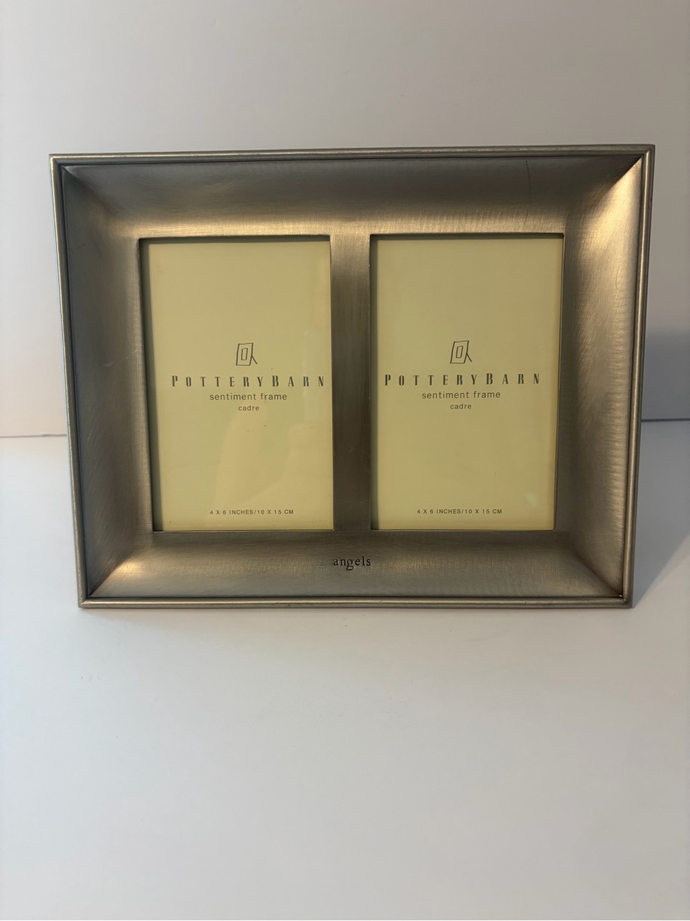 Vintage pottery Barn, silver sentiment, double picture frame “angels” 4x6